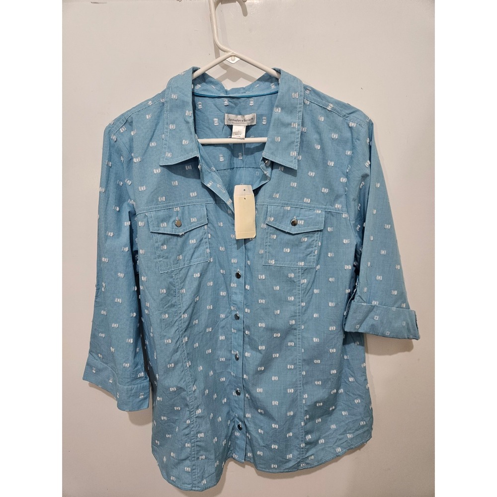 Christopher & Banks Blue Gingham Clip Dot Button Down Shirt 3/4 Sleeve Large NWT